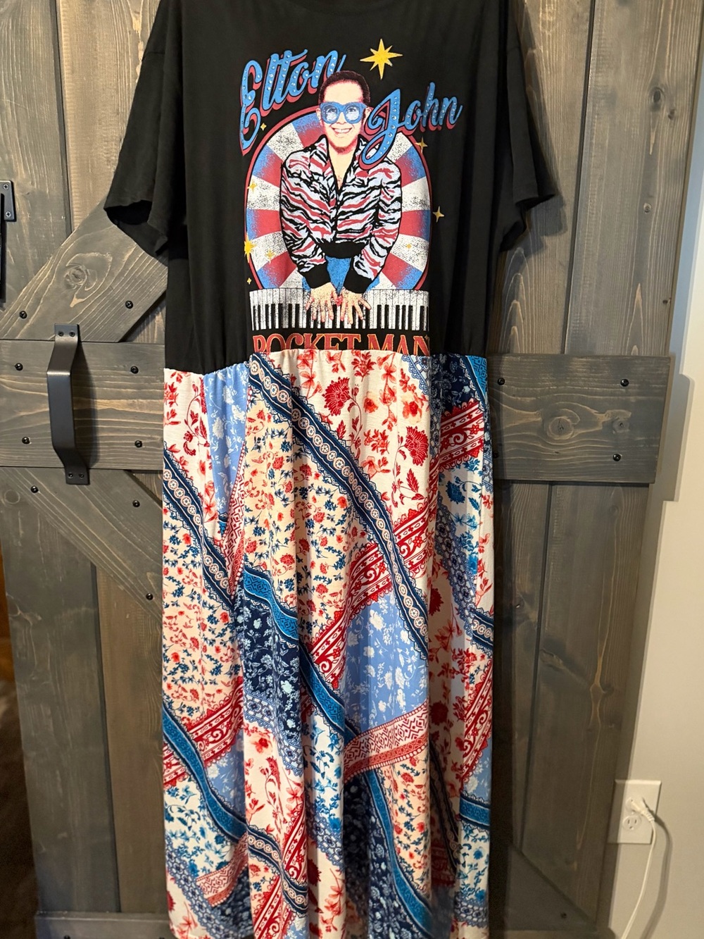 Upcycled Elton John Rocket Maxi Dress with Patchwork Skirt XL